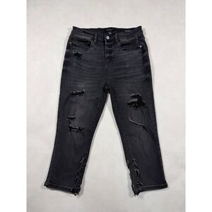 Judy Blue Skinny Fit Capri Jeans Black Distressed Ripped Raw Hem Size 9/29
